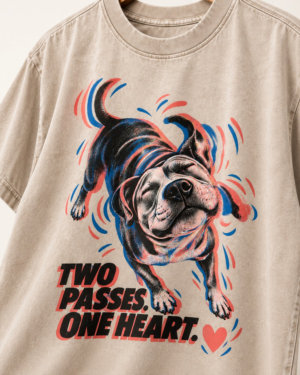 Two Passes One Heart Pitbull Washed Tee in Apricot, close-up of the graphic