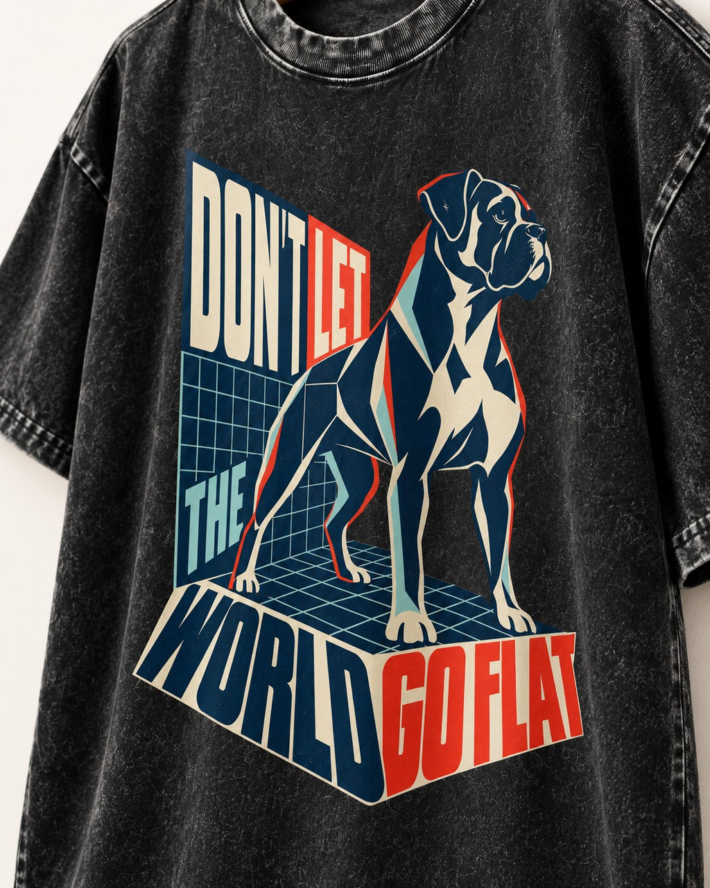 Don't Let the World Go Flat Boxer Perspective Grid Graphic Washed Tee in Black, close-up of the graphic