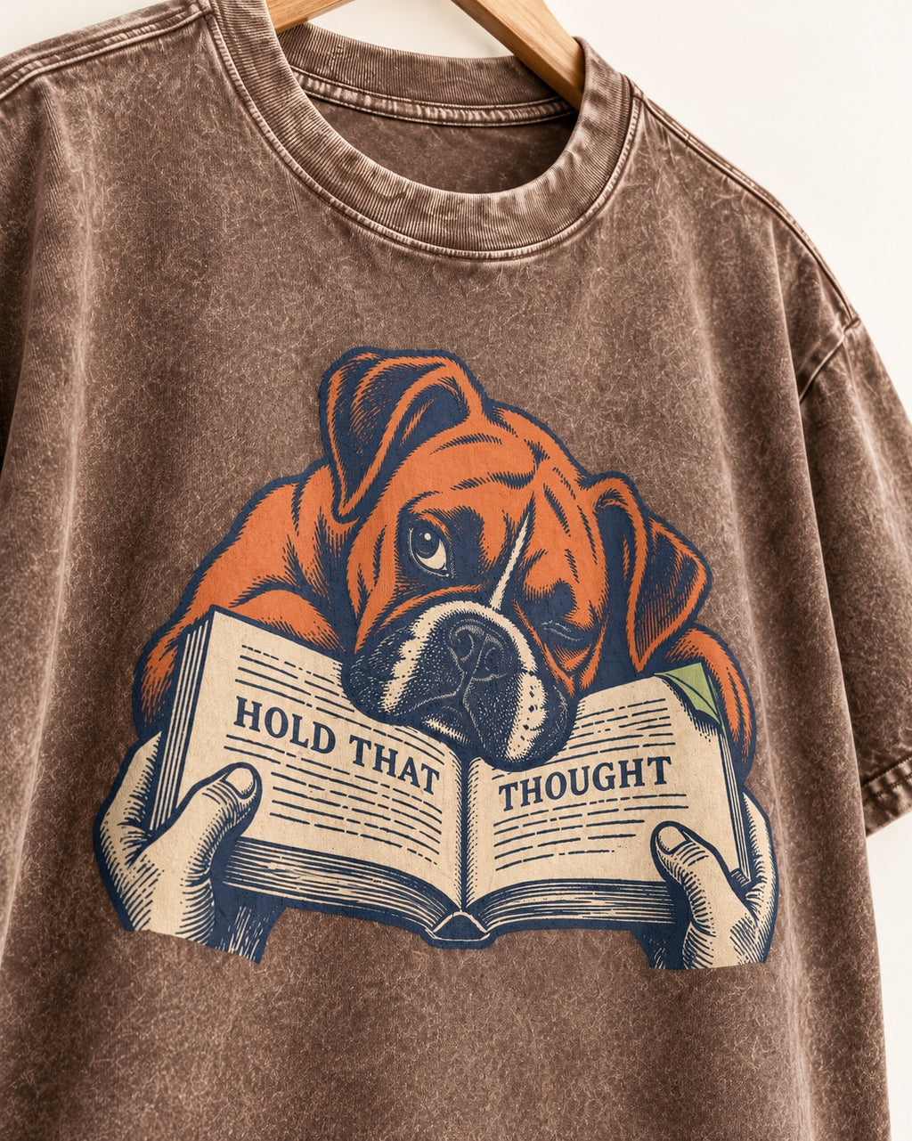 Boxer Hold That Thought Washed Tee in Coffee, close-up of the graphic