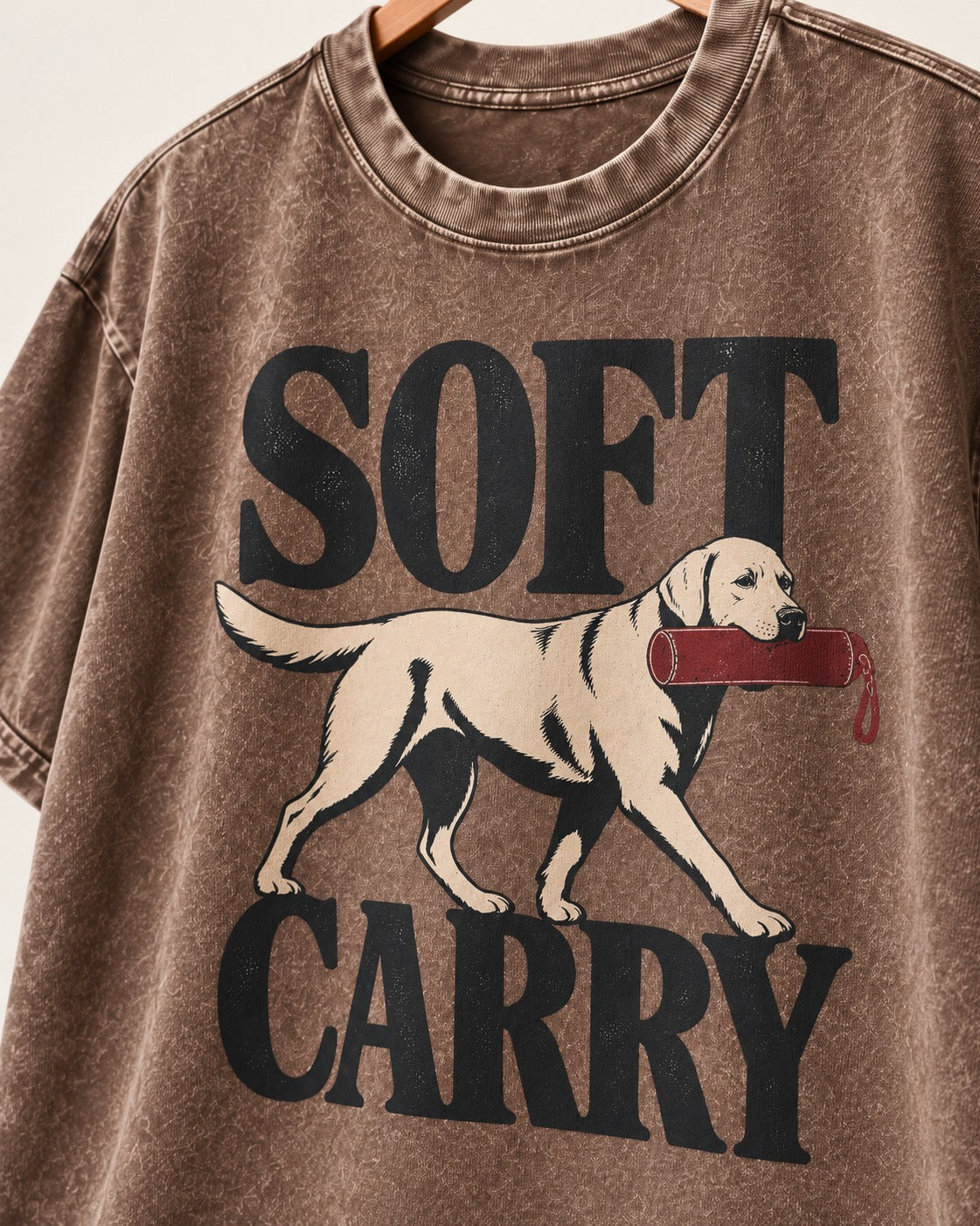 Soft Carry Labrador Retriever Washed Tee in Coffee, close-up of the graphic