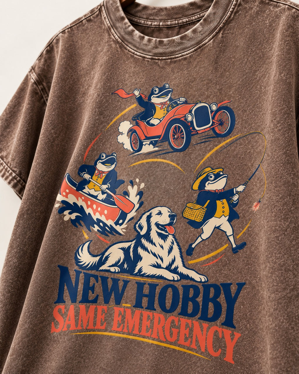 Golden Retriever New Hobby Same Emergency Washed Tee in Coffee, close-up of the graphic