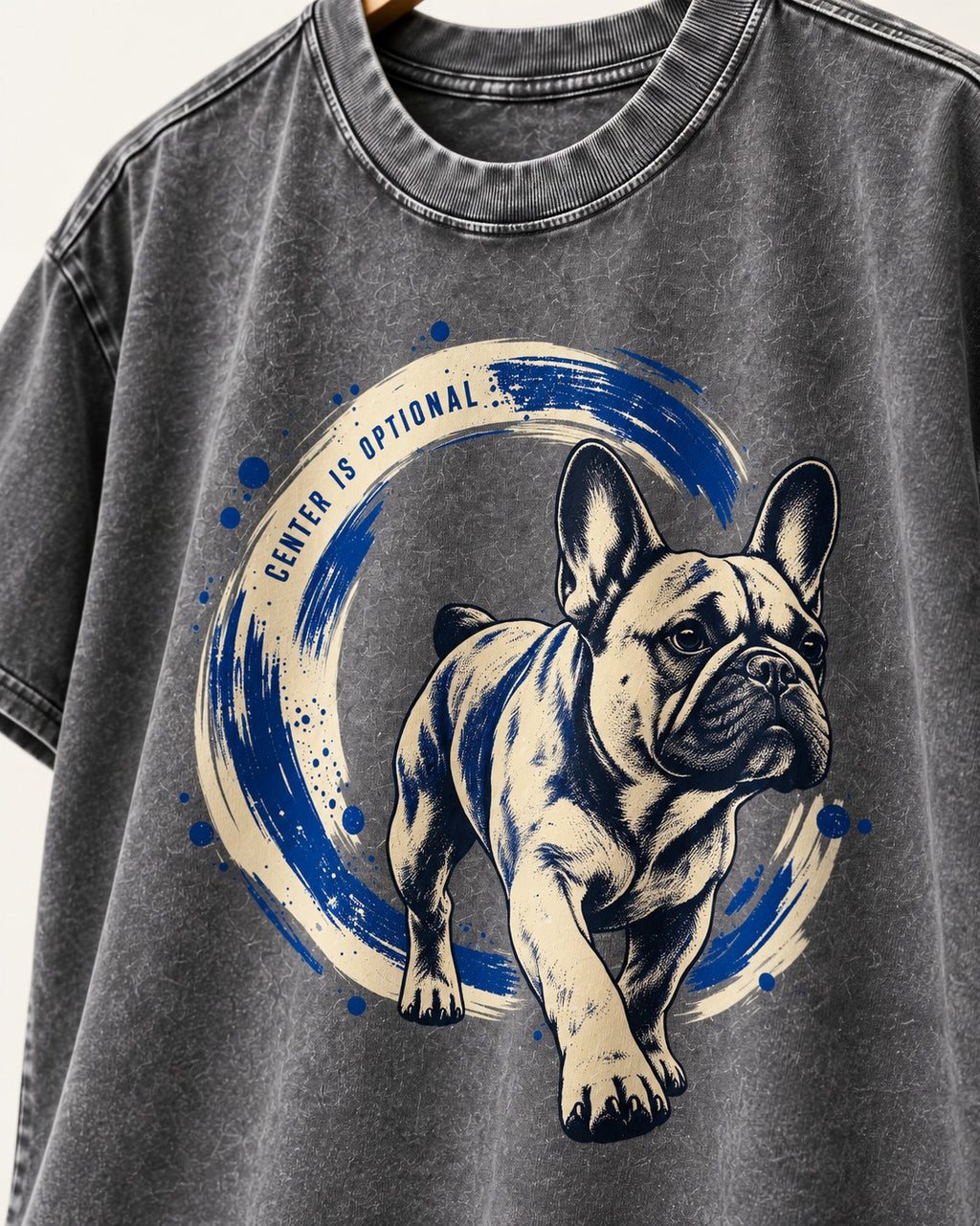 Frenchie Center Is Optional Brush Circle Graphic Washed Tee in Gray, close-up of the graphic