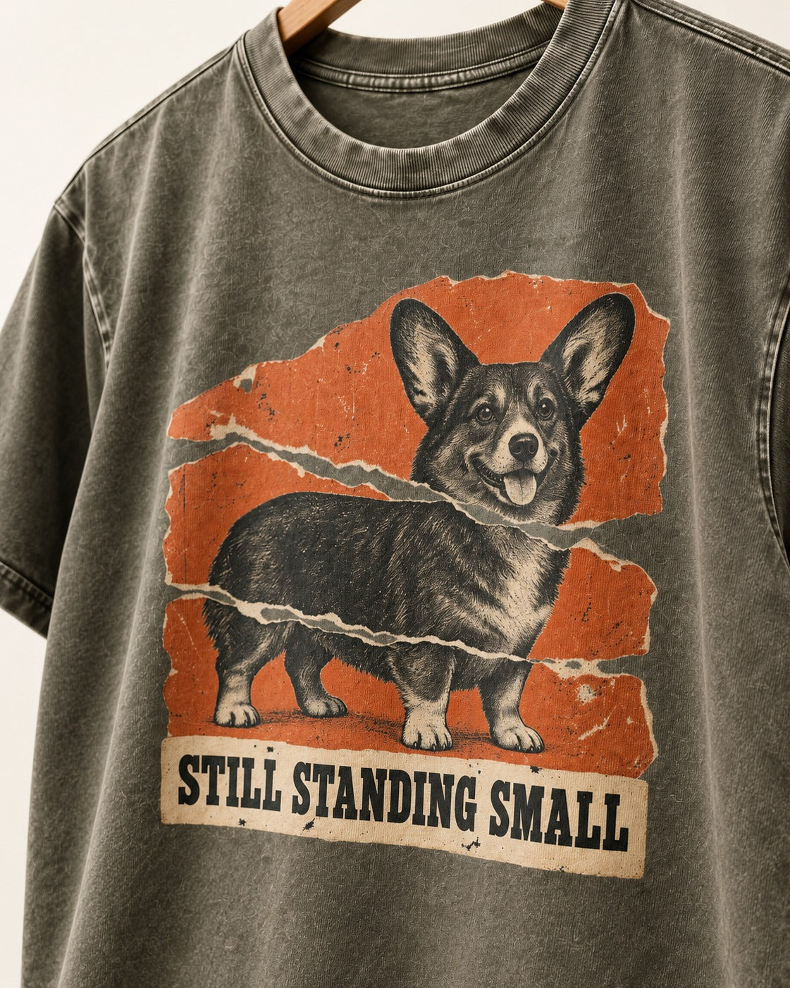 Corgi Still Standing Small Torn Poster Washed Tee in Army Green, close-up of the graphic