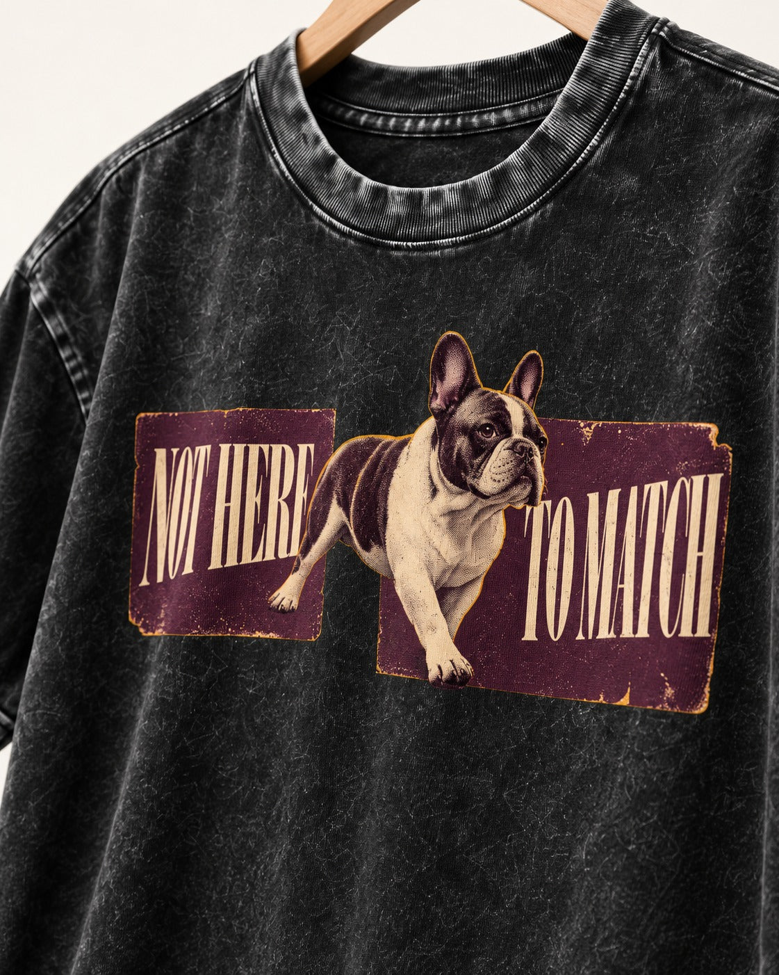 Frenchie Not Here to Watch Panels Graphic Washed Tee in Black, close-up of the graphic