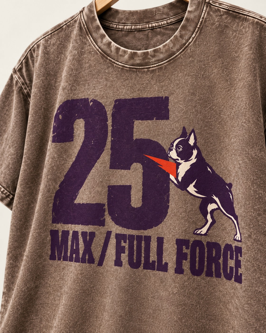Boston Terrier Full Force Washed Tee in Coffee, close-up of the graphic