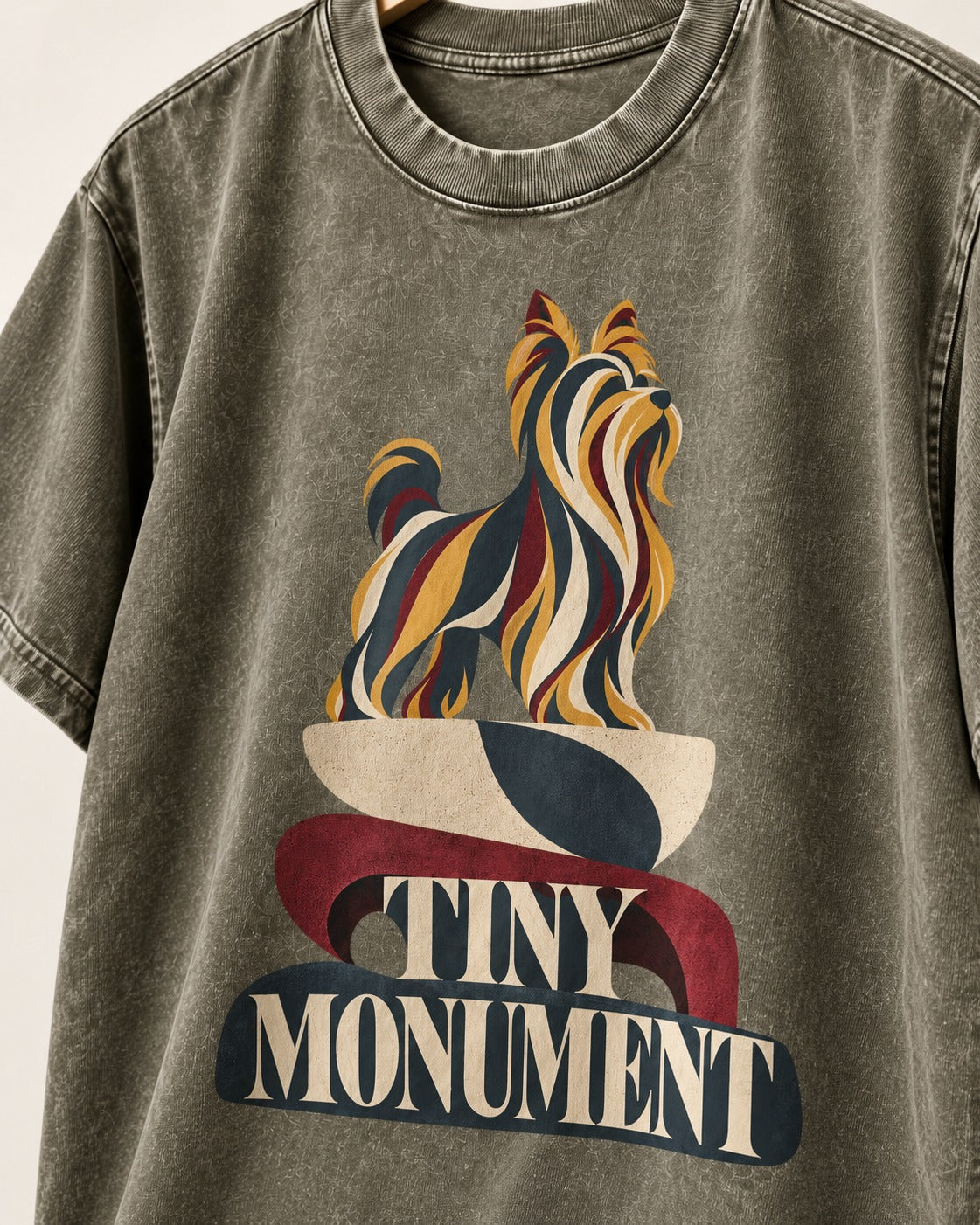 Yorkshire Terrier Tiny Monument Sculptural Plinth Graphic Washed Tee in Army Green, close-up of the graphic