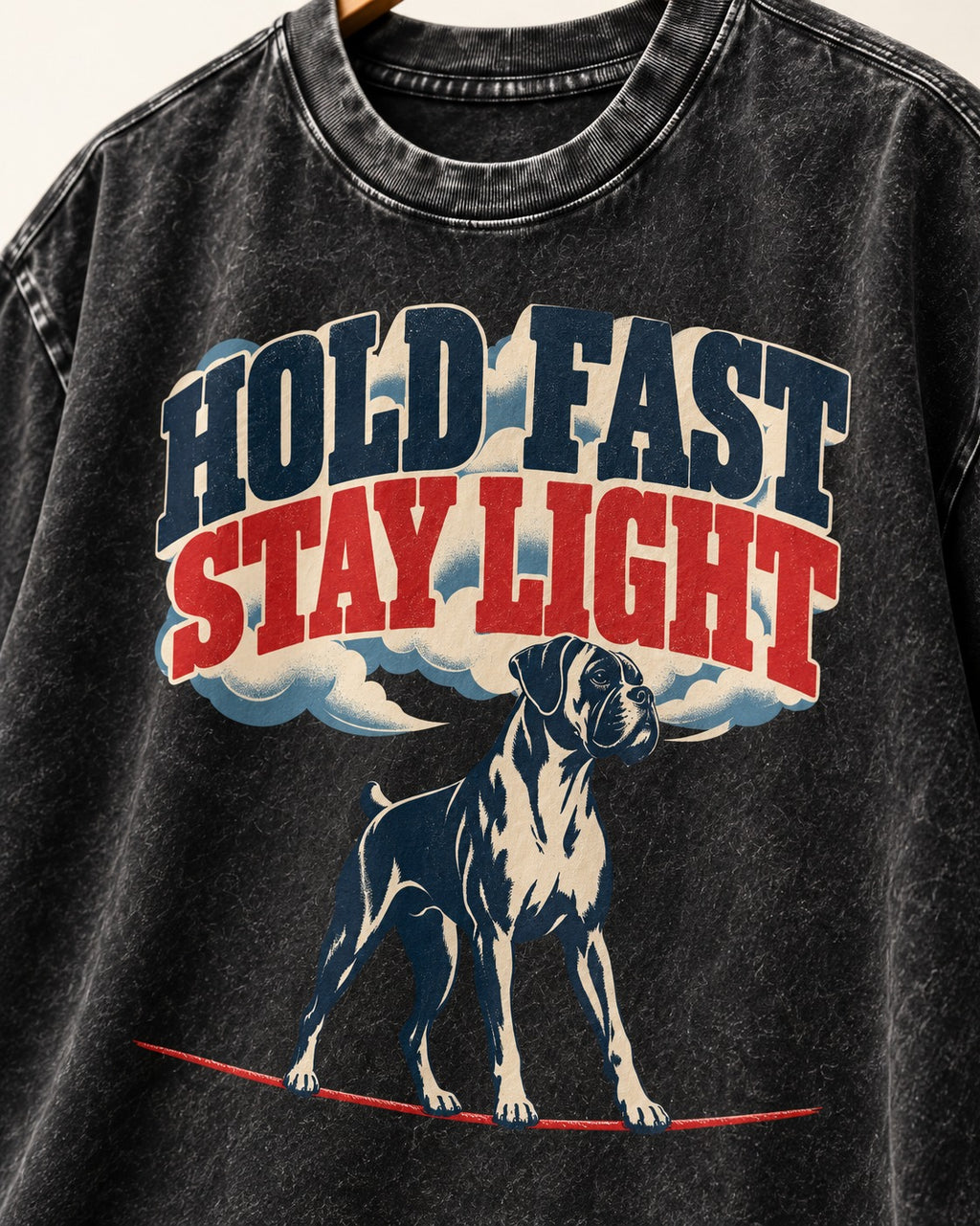 Hold Fast Stay Light Boxer Cloud Graphic Washed Tee in Black, close-up of the graphic