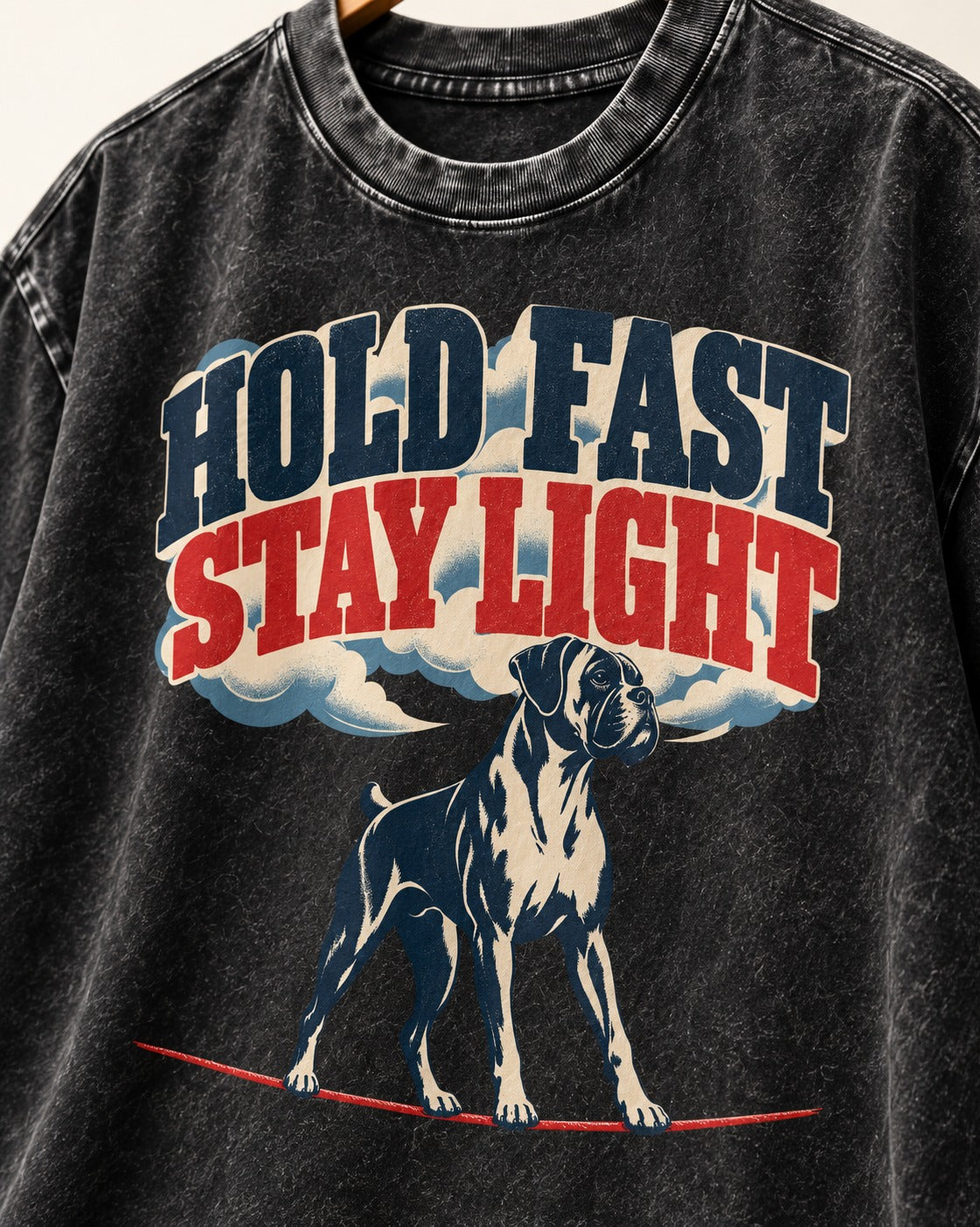 Hold Fast Stay Light Boxer Cloud Graphic Washed Tee in Black, close-up of the graphic