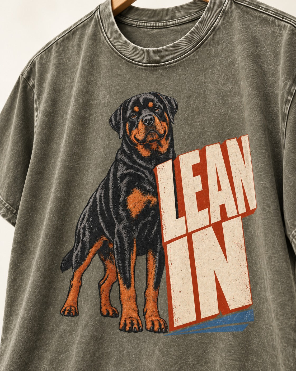 Rottweiler Lean In Block Typography Graphic Washed Tee in Army Green, close-up of the graphic
