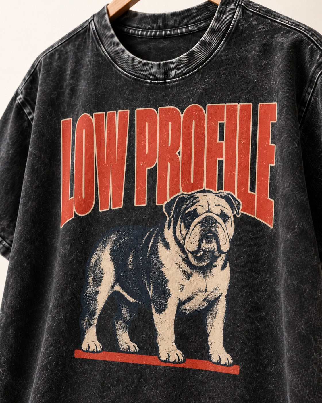 English Bulldog Low Profile Standing Graphic Washed Tee in Black, close-up of the graphic