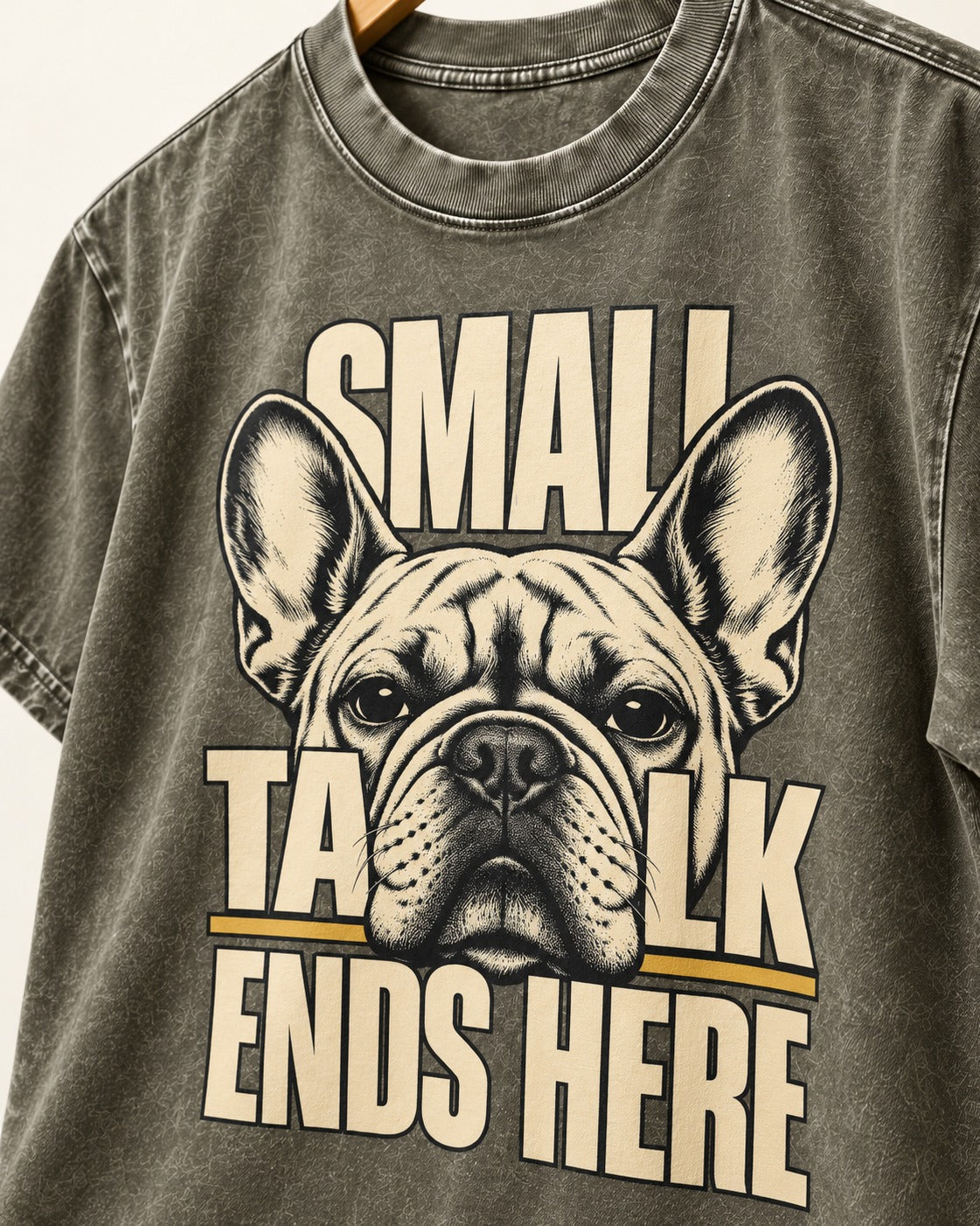 Frenchie Small Talk Ends Here Portrait Graphic Washed Tee in Army Green, close-up of the graphic