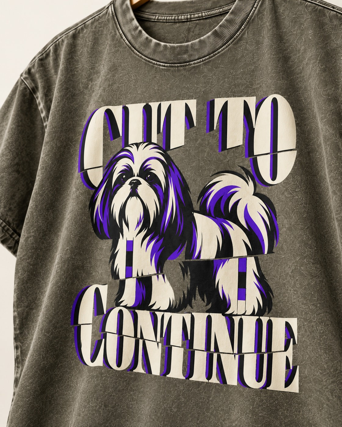 Shih Tzu Cut to Continue Dimensional Typography Graphic Washed Tee in Army Green, close-up of the graphic