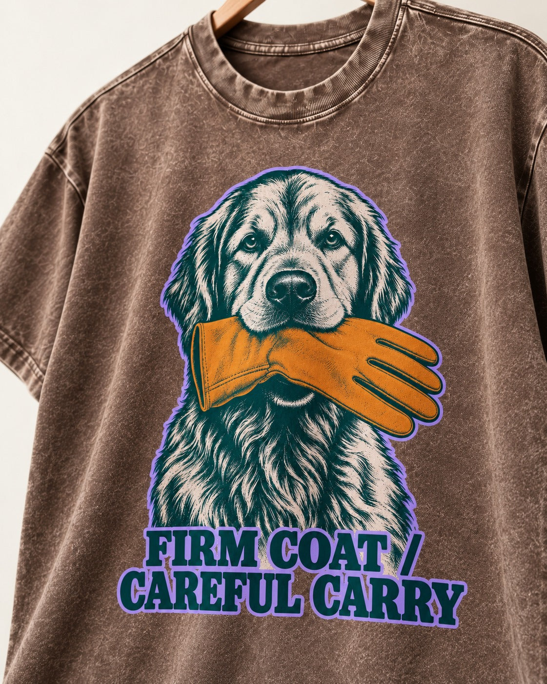 Golden Retriever Firm Coat Careful Carry Washed Tee in Coffee, close-up of the graphic