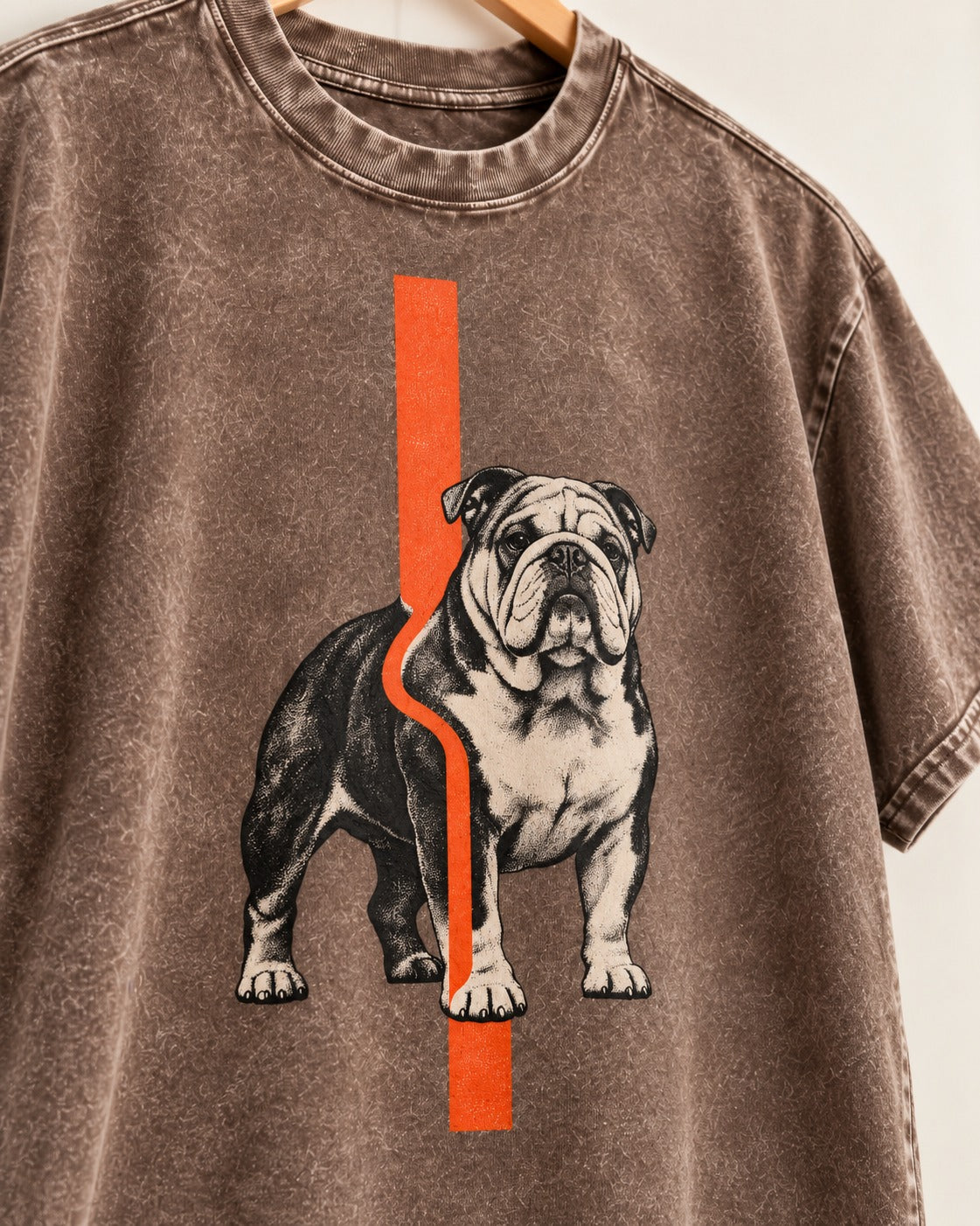 English Bulldog Quiet Strength Washed Tee in Coffee, close-up of the graphic