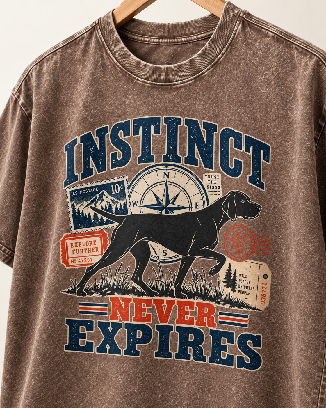 German Shorthaired Pointer Instinct Never Expires Washed Tee in Coffee, close-up of the graphic