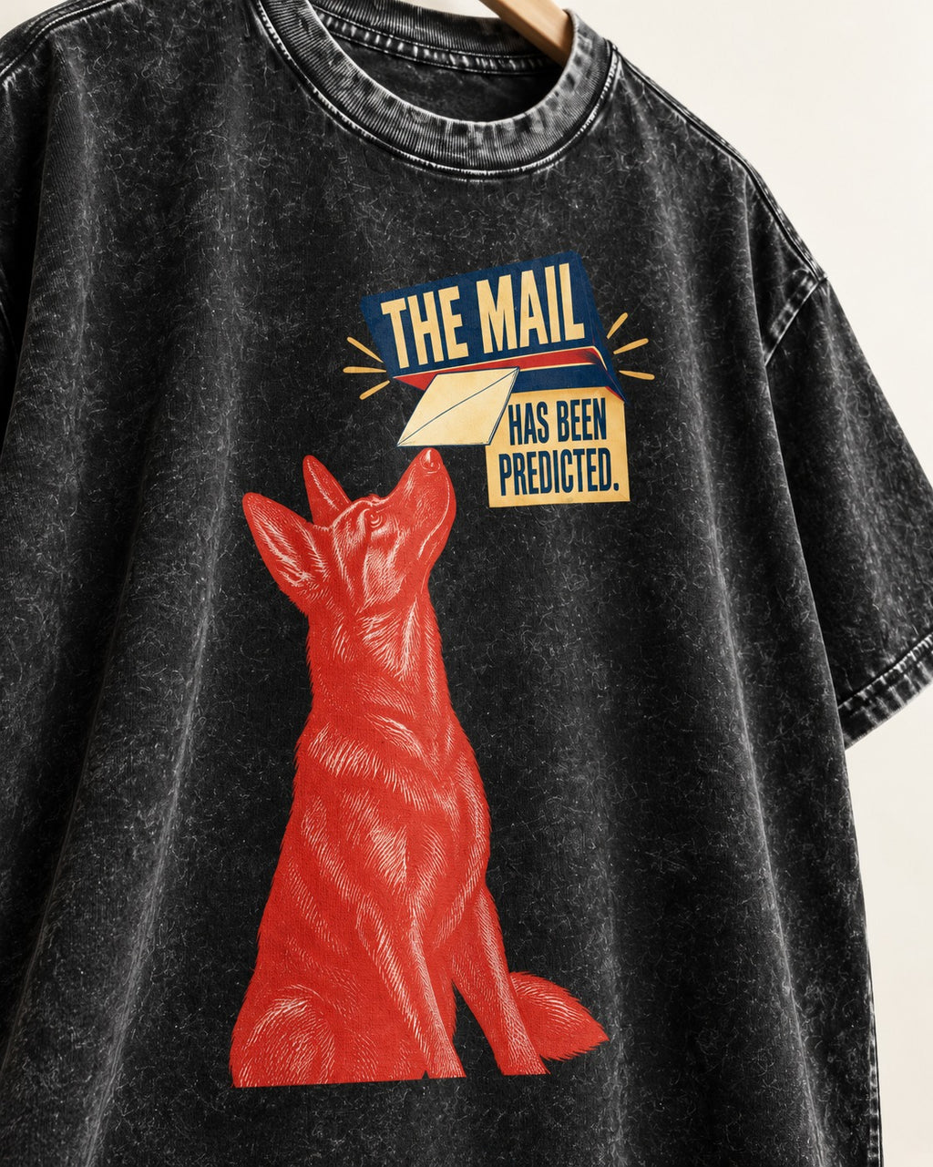 German Shepherd Dog Mail Predicted Graphic Washed Tee in Black, close-up of the graphic