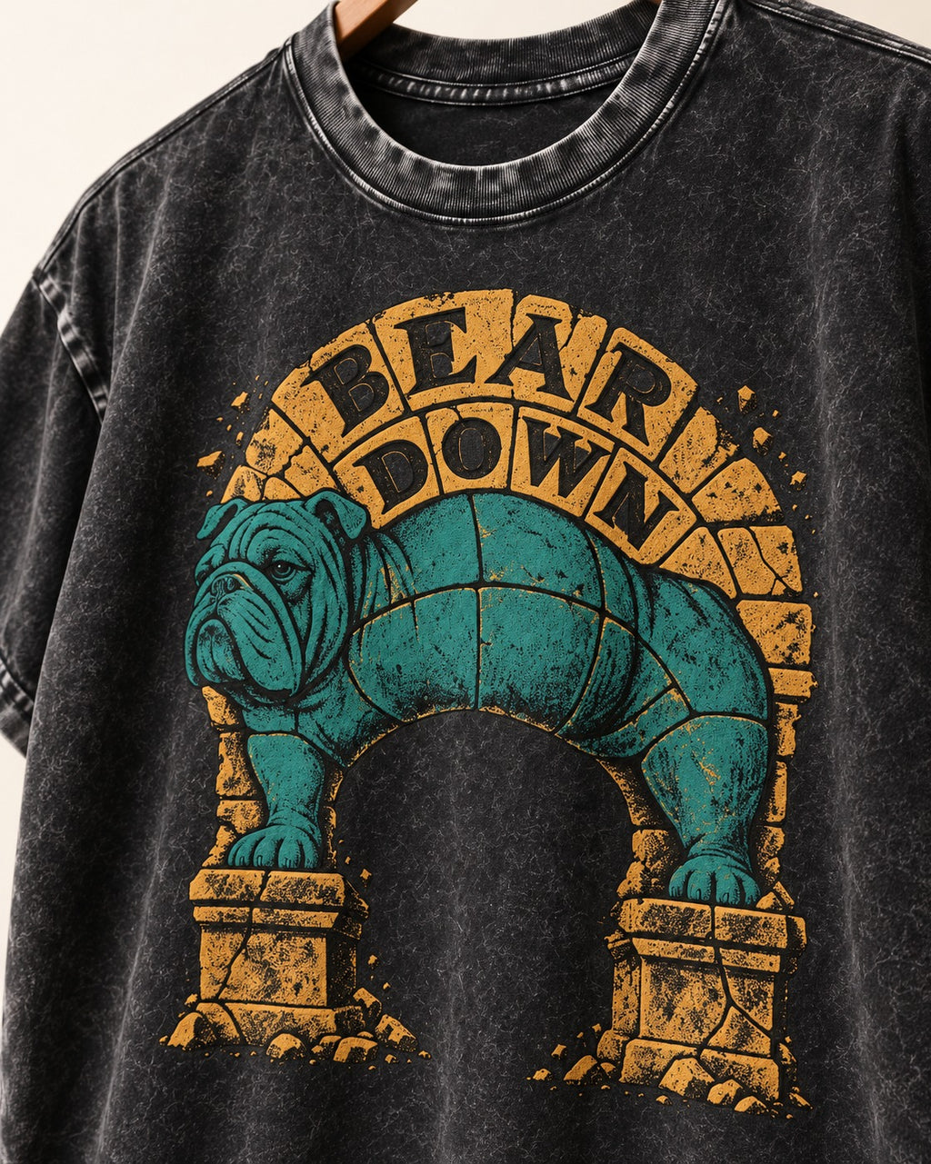 English Bulldog Bear Down Stone Arch Graphic Washed Tee in Black, close-up of the graphic