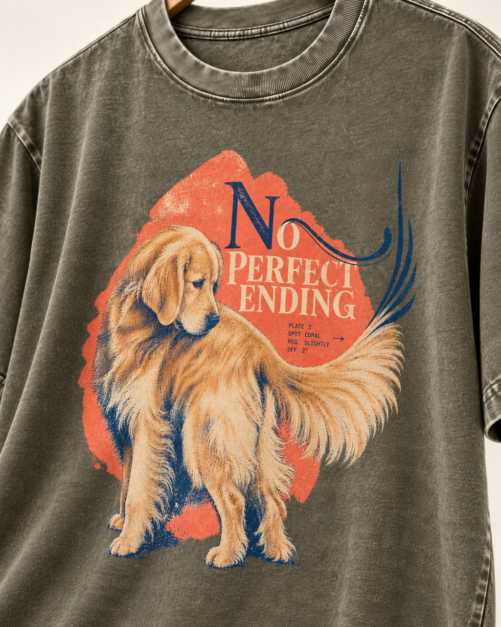 Golden Retriever No Perfect Ending Misregistration Graphic Washed Tee in Army Green, close-up of the graphic