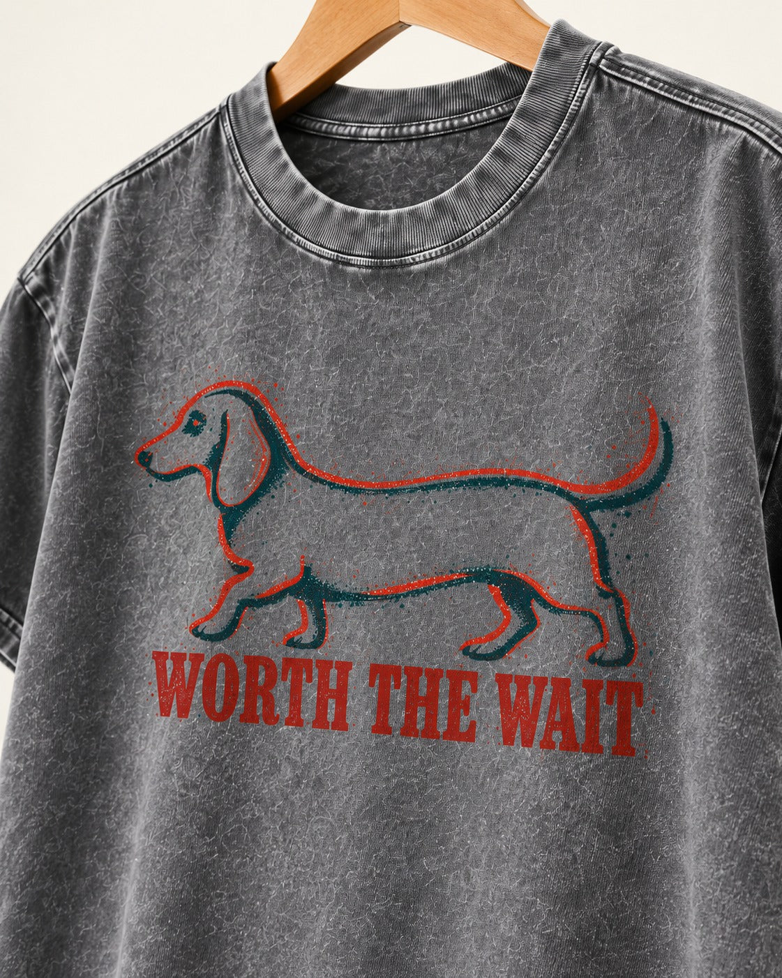 Dachshund Worth The Wait Distressed Outline Graphic Washed Tee in Gray, close-up of the graphic