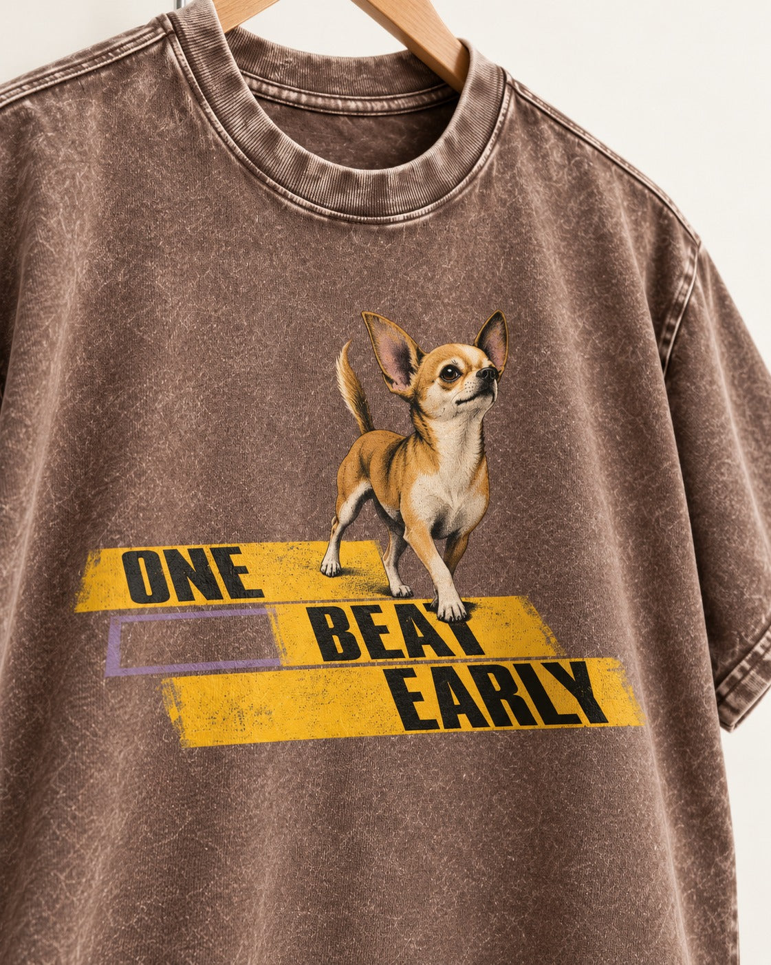 One Beat Early Chihuahua Washed Tee in Coffee, close-up of the graphic