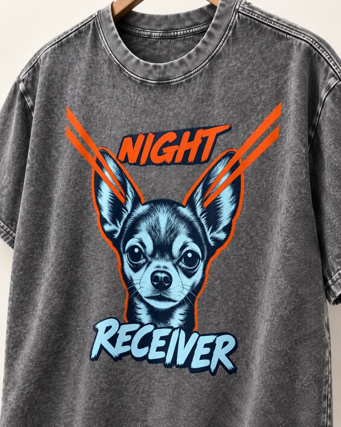 Chihuahua Night Receiver Signal Portrait Graphic Washed Tee in Gray, close-up of the graphic