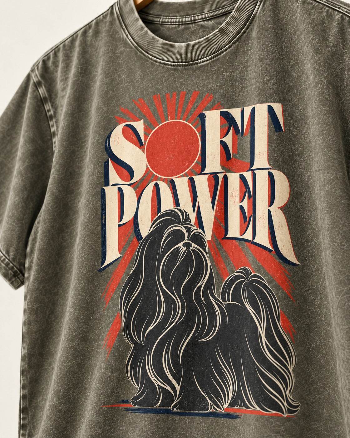 Shih Tzu Soft Power Sunburst Graphic Washed Tee in Army Green, close-up of the graphic