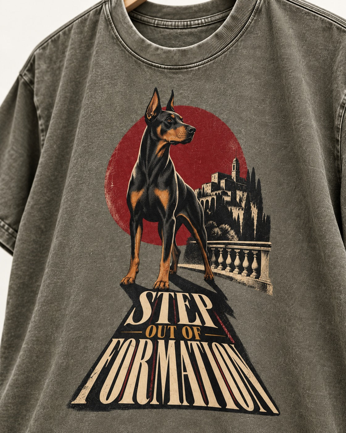 Doberman Step Out of Formation Road Vista Graphic Washed Tee in Army Green, close-up of the graphic