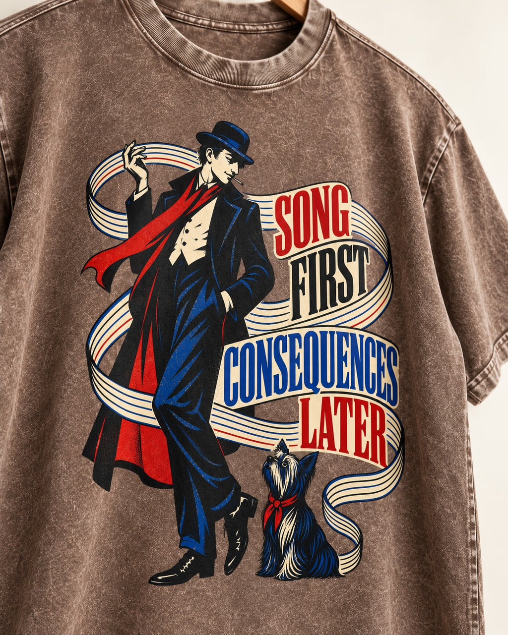 Yorkshire Terrier Song First Consequences Later Washed Tee in Coffee, close-up of the graphic