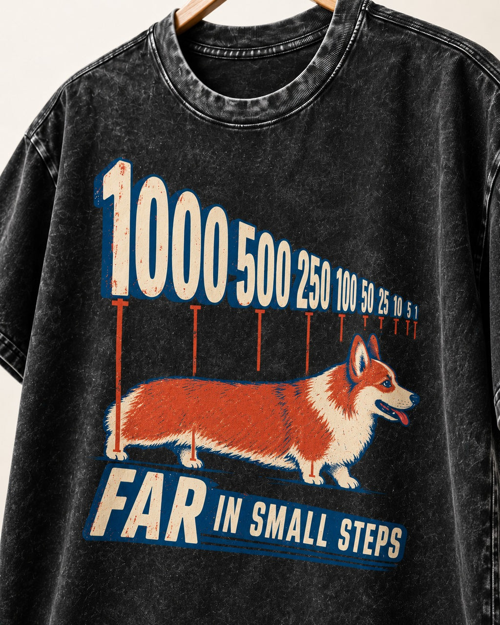 Corgi Far in Small Steps Washed Tee in Black, close-up of the graphic