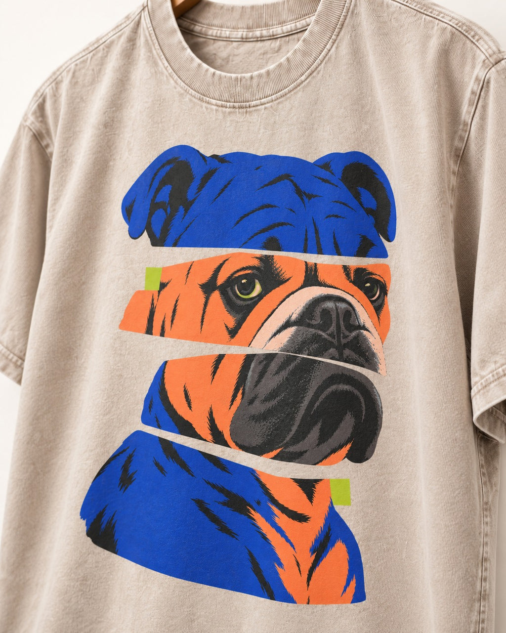 English Bulldog Unbreakable Washed Tee in Apricot, close-up of the graphic