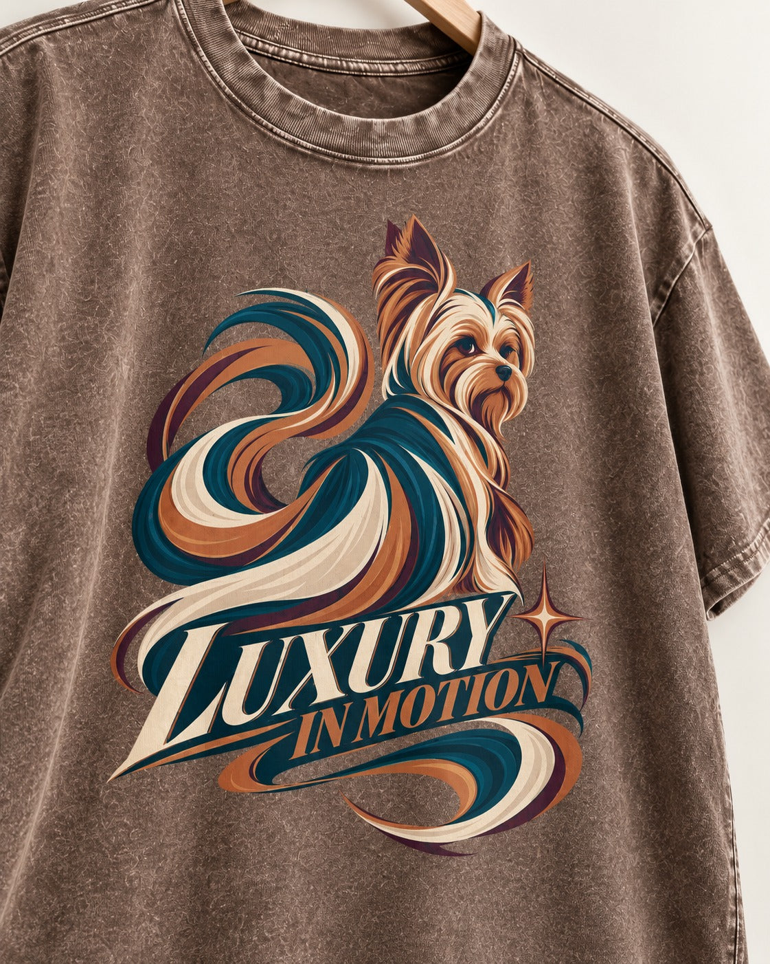 Yorkshire Terrier Luxury in Motion Washed Tee in Coffee, close-up of the graphic