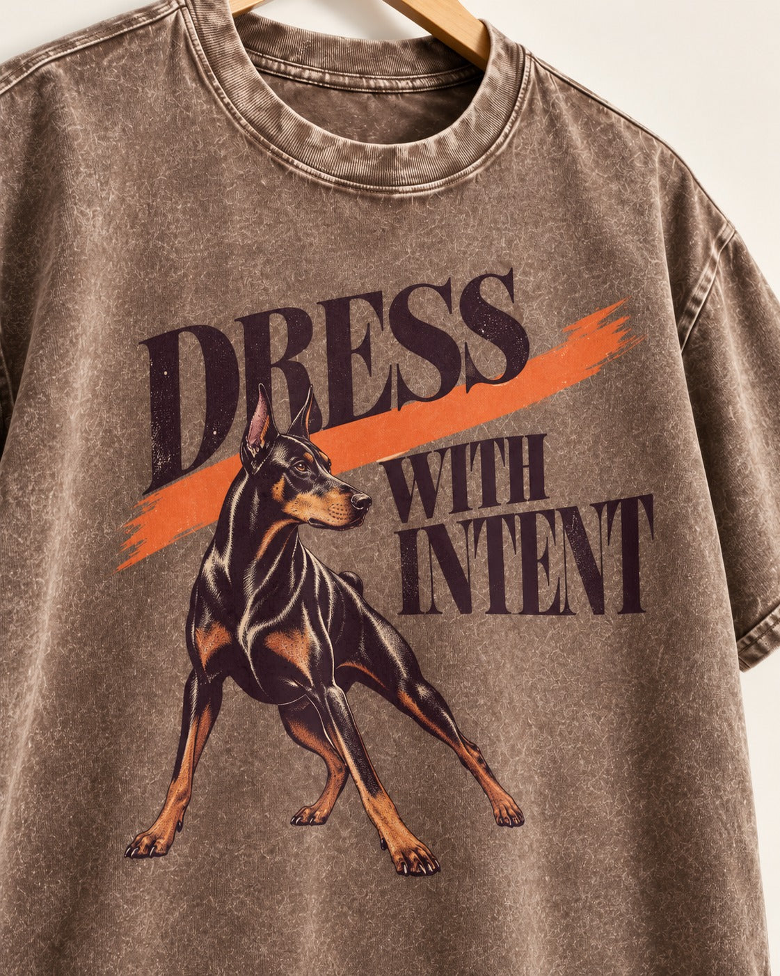 Doberman Dress with Intent Washed Tee in Coffee, close-up of the graphic