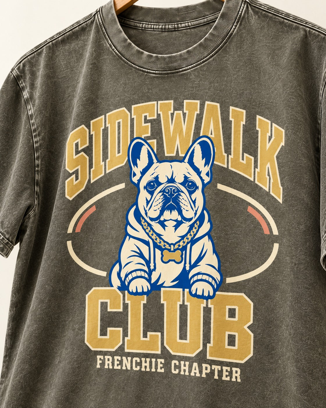 Frenchie Sidewalk Club Chapter Graphic Washed Tee in Army Green, close-up of the graphic