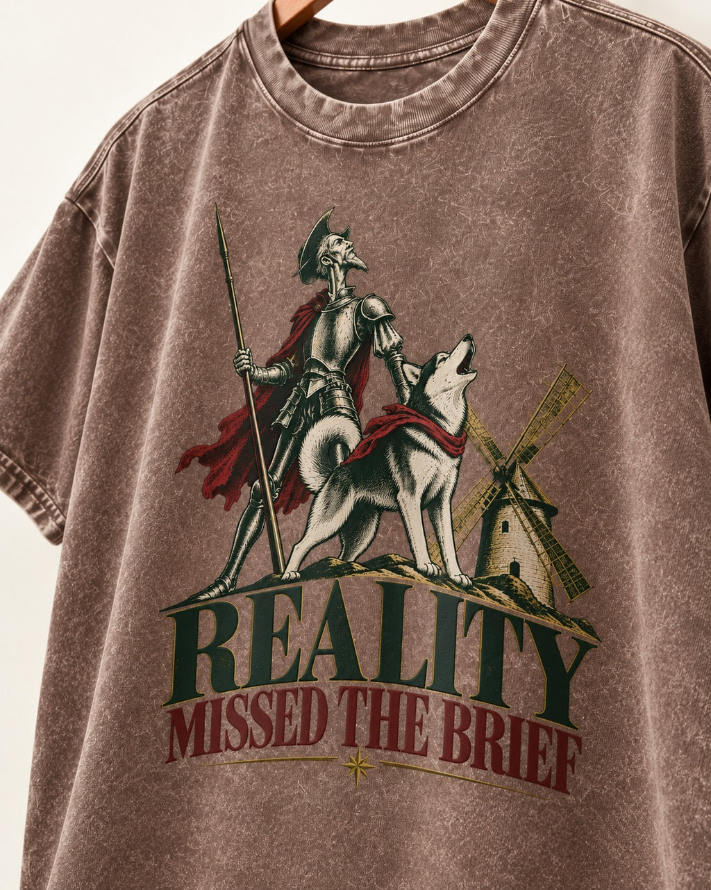 Reality Missed the Husky Brief Washed Tee in Coffee, close-up of the graphic