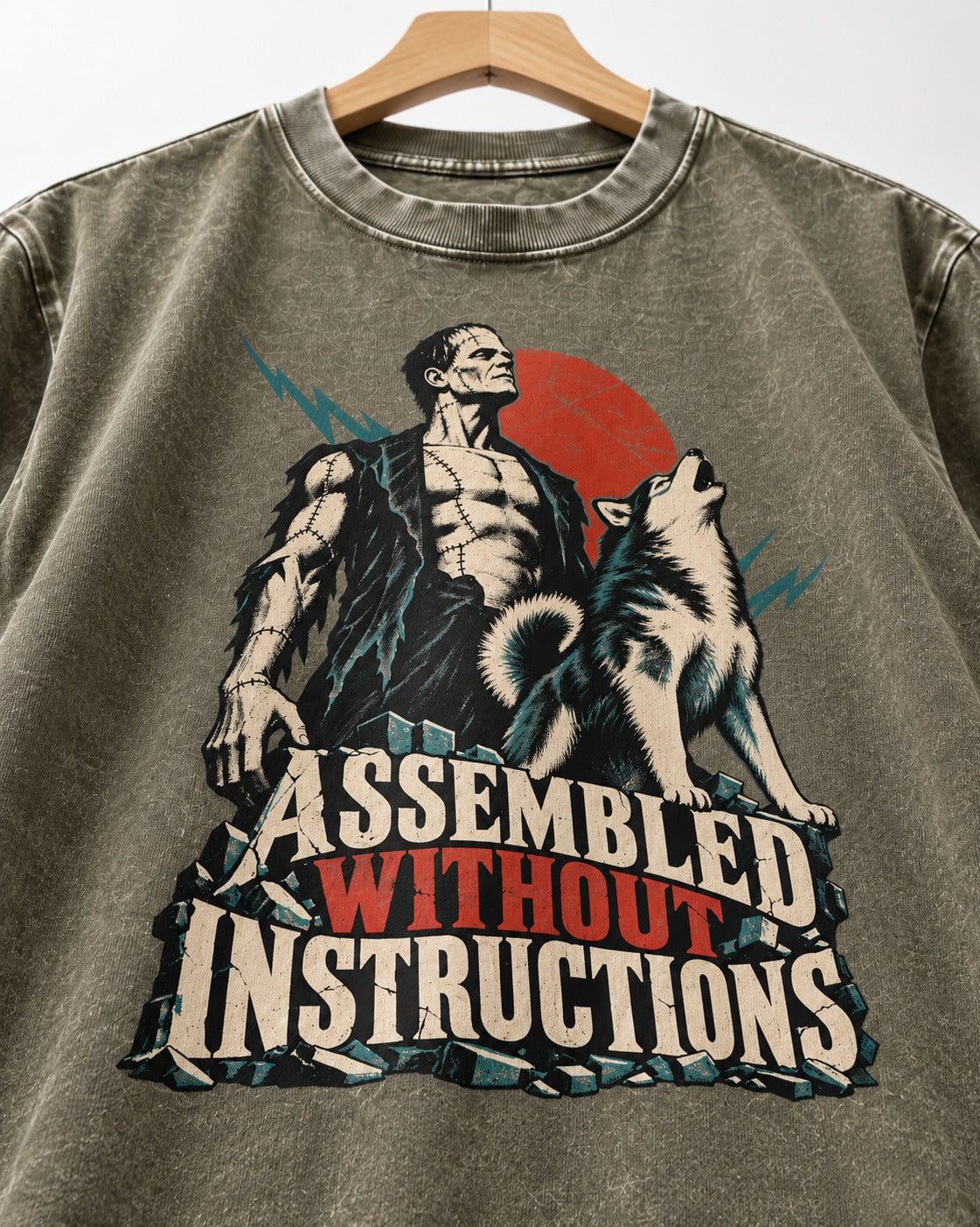 Husky Assembled Without Instructions Frankenstein Graphic Washed Tee in Army Green, close-up of the graphic