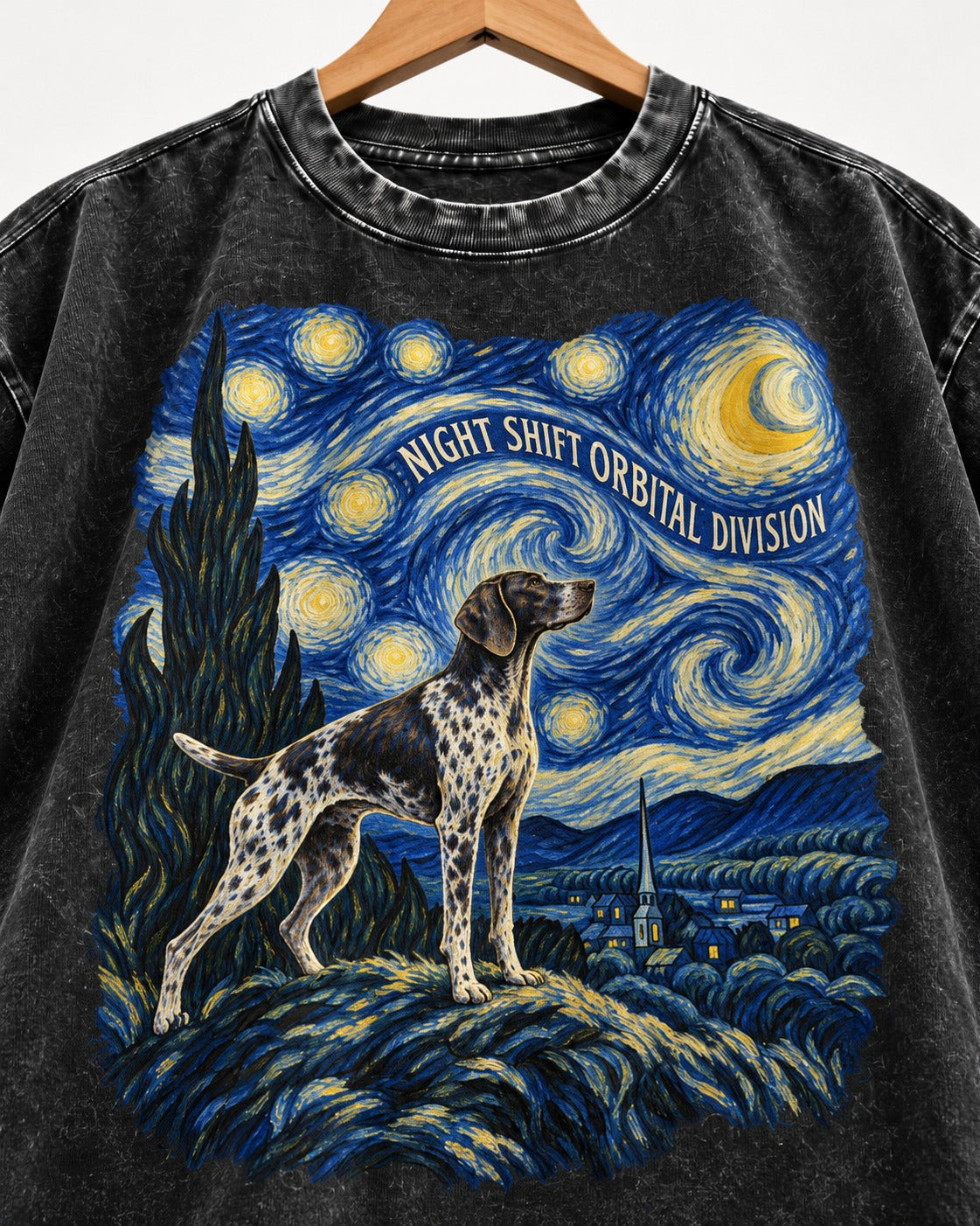 German Shorthaired Pointer Night Shift Orbital Division Starry Night Graphic Washed Tee in Black, close-up of the graphic