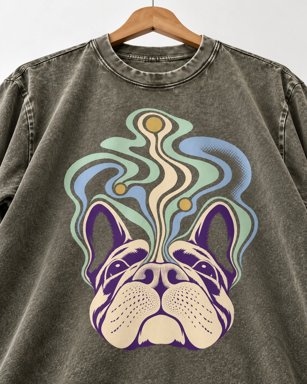 Frenchie Scent Cartography Vapor Route Graphic Washed Tee in Army Green, close-up of the graphic