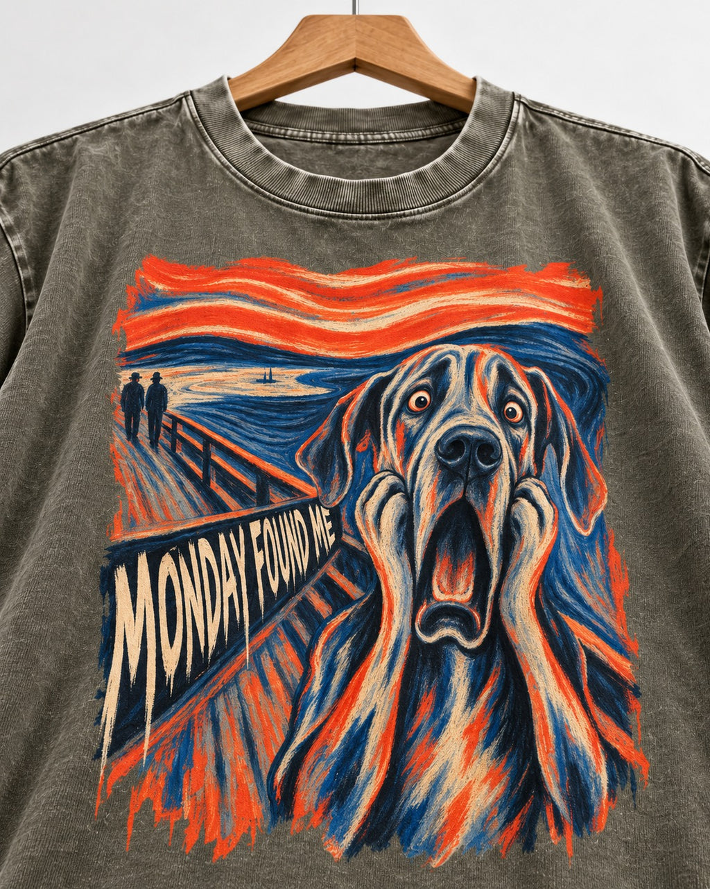 Great Dane Monday Found Me Scream Parody Graphic Washed Tee in Army Green, close-up of the graphic