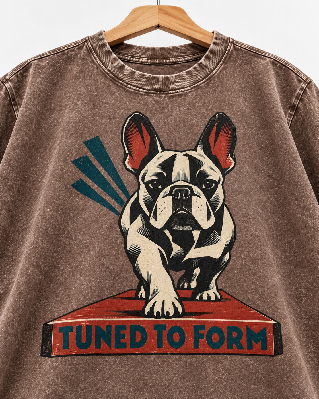 Frenchie Tuned to Form Washed Tee in Coffee, close-up of the graphic