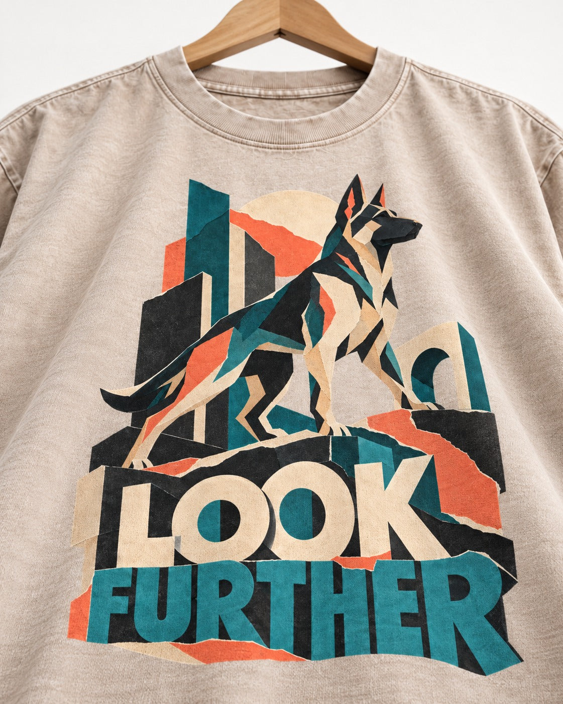 Look Further German Shepherd Dog Washed Tee in Apricot, close-up of the graphic