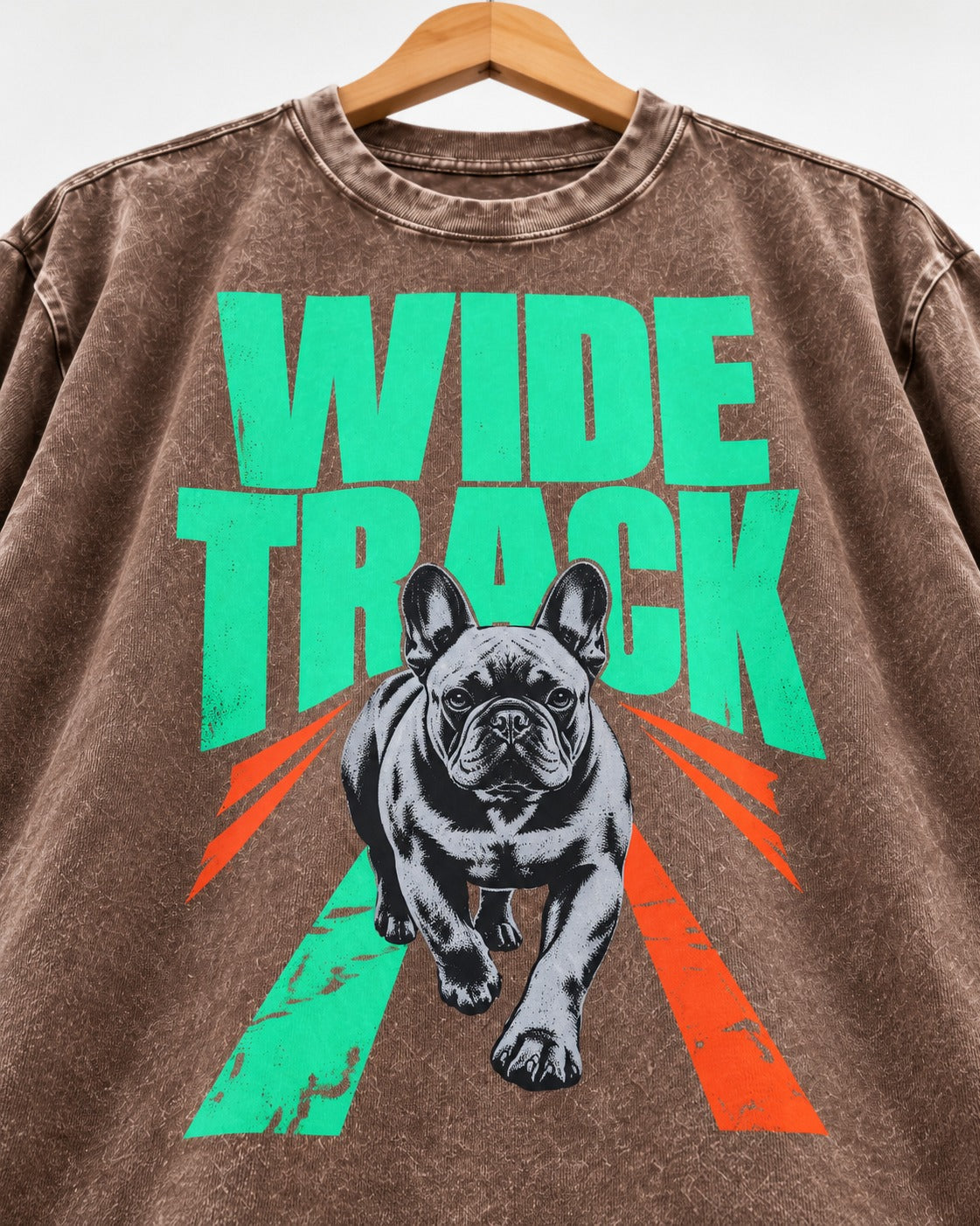 Wide Track Frenchie Washed Tee in Coffee, close-up of the graphic