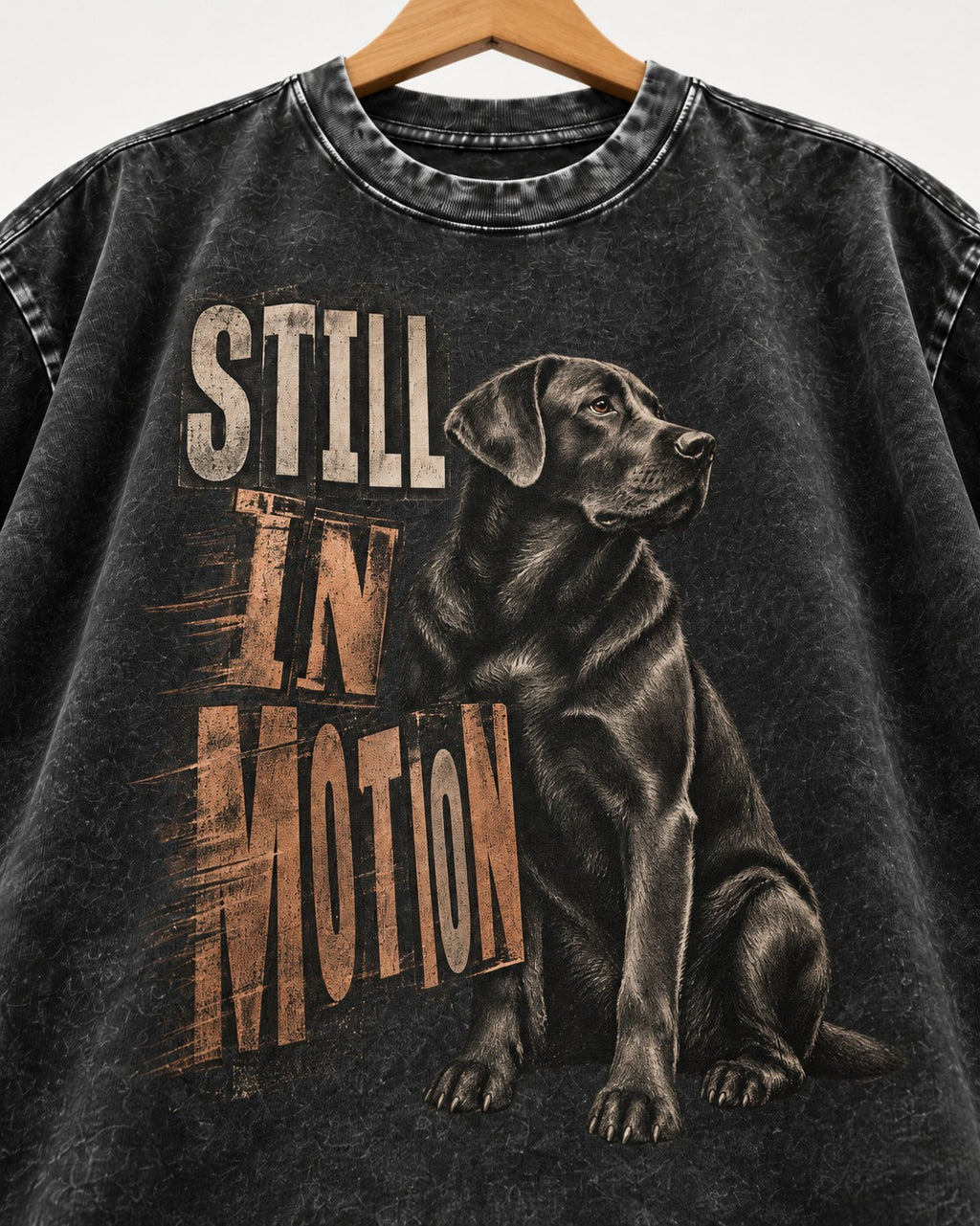 Labrador Retriever Still in Motion Seated Graphic Washed Tee in Black, close-up of the graphic