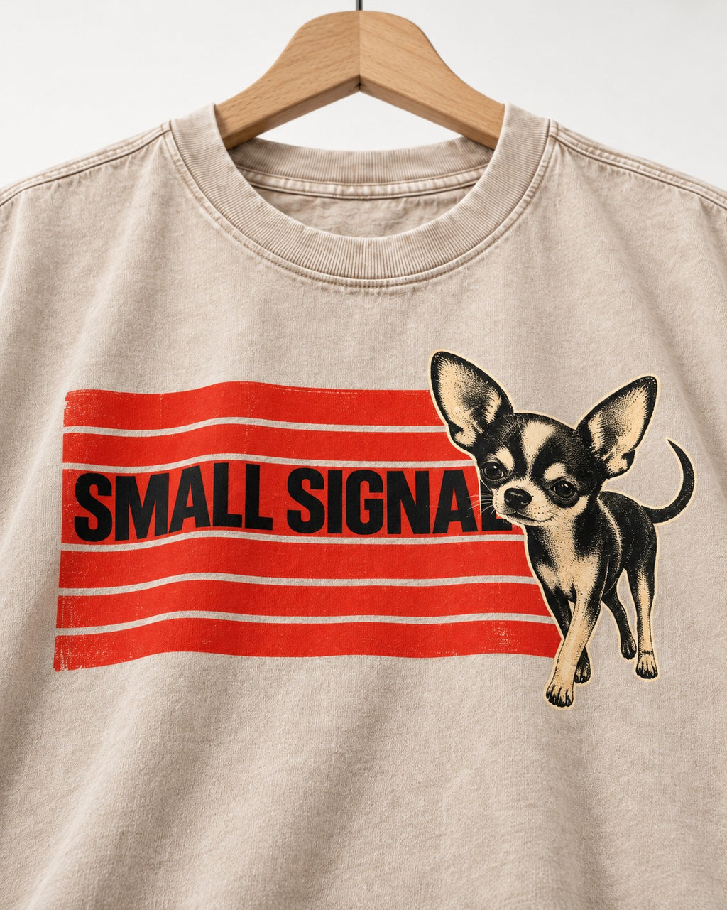 Small Signal Chihuahua Washed Tee in Apricot, close-up of the graphic