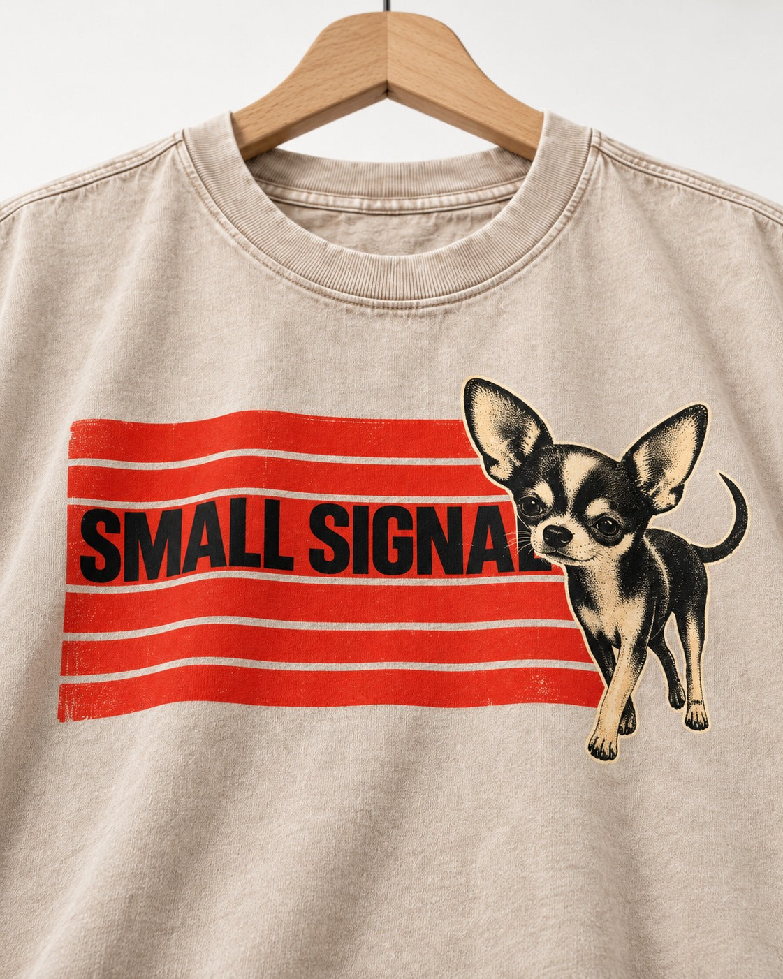 Small Signal Chihuahua Washed Tee in Apricot, close-up of the graphic