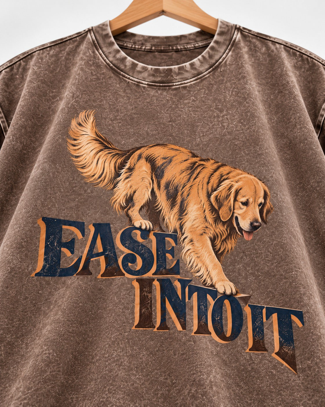 Golden Retriever Ease Into It Washed Tee in Coffee, close-up of the graphic