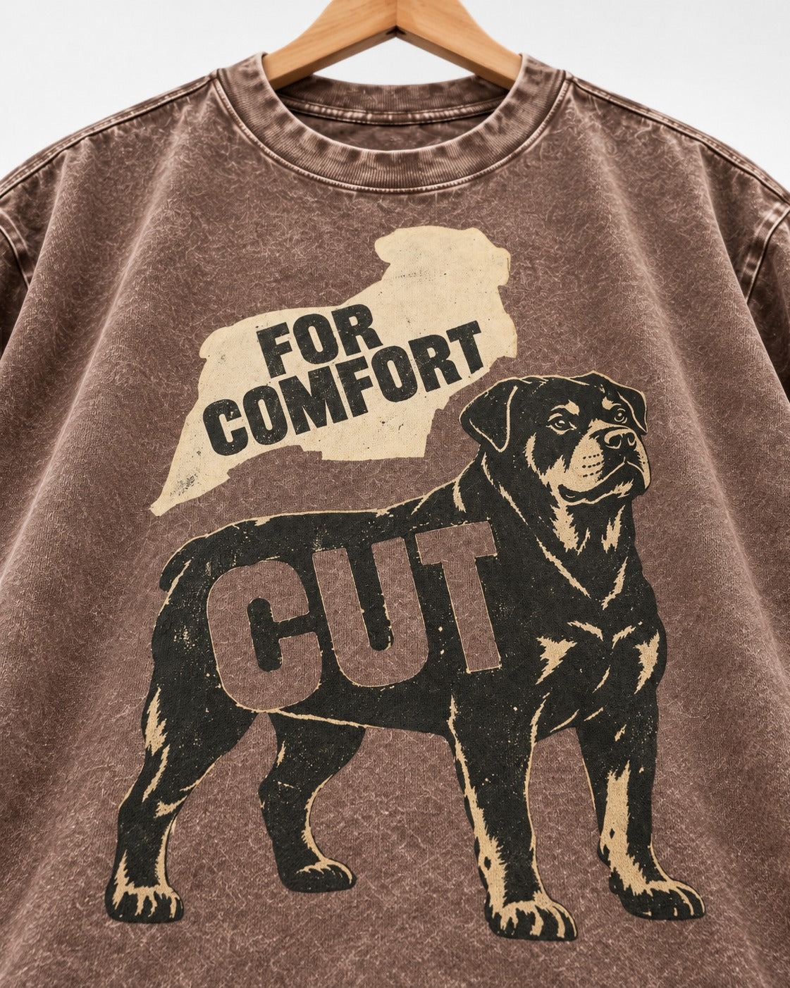 Rottweiler Cut for Comfort Washed Tee in Coffee, close-up of the graphic