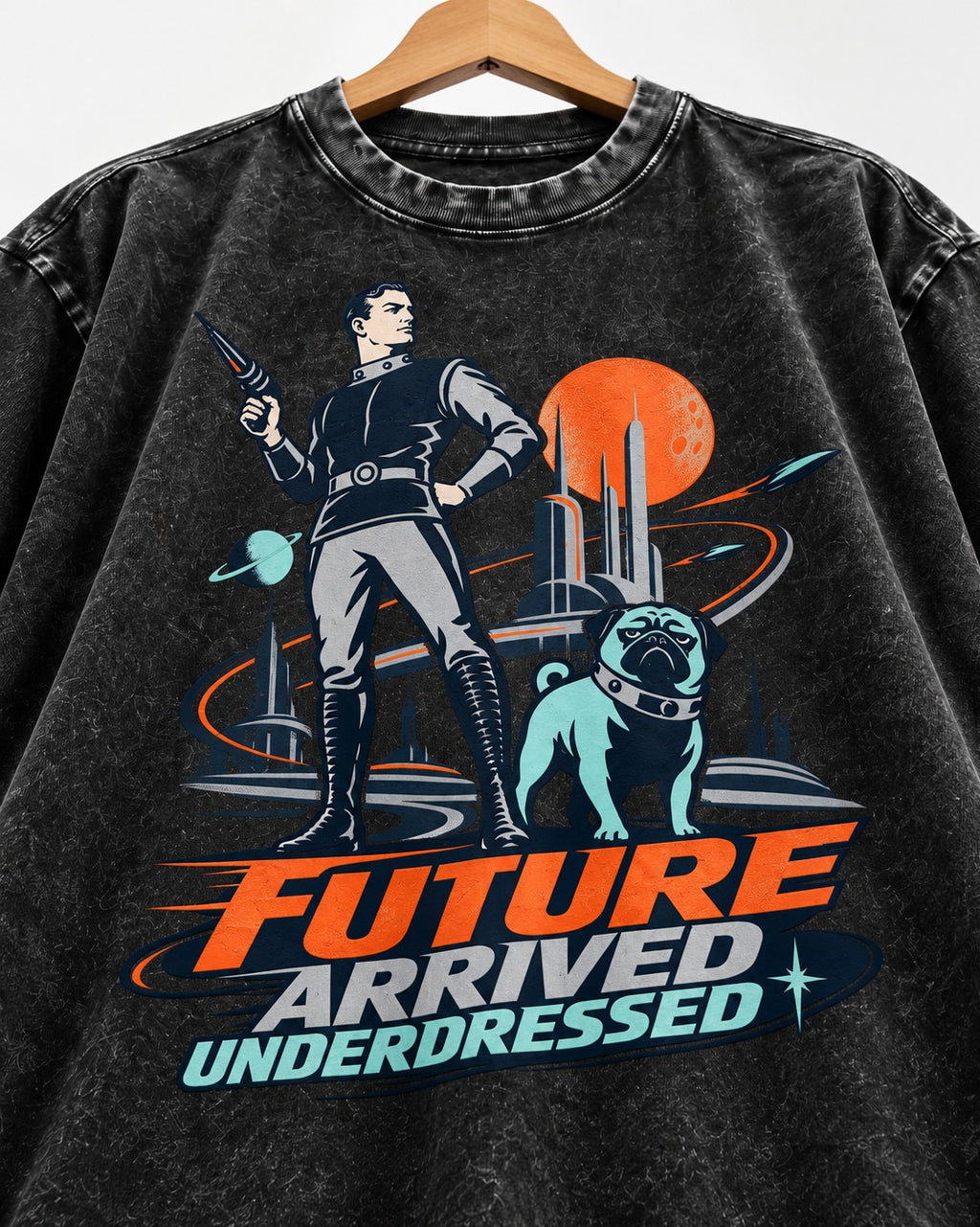 Pug Future Arrived Underdressed Space Hero Graphic Washed Tee in Black, close-up of the graphic
