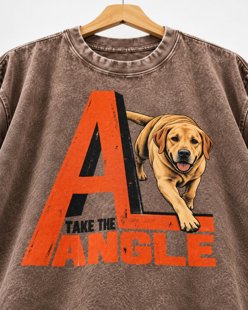 Take the Angle Labrador Retriever Washed Tee in Coffee, close-up of the graphic