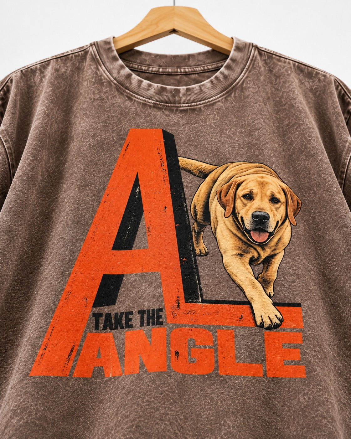 Take the Angle Labrador Retriever Washed Tee in Coffee, close-up of the graphic