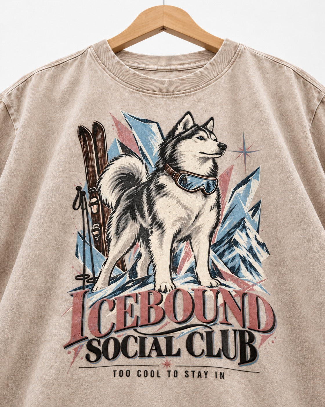 Icebound Husky Washed Tee in Apricot, close-up of the graphic